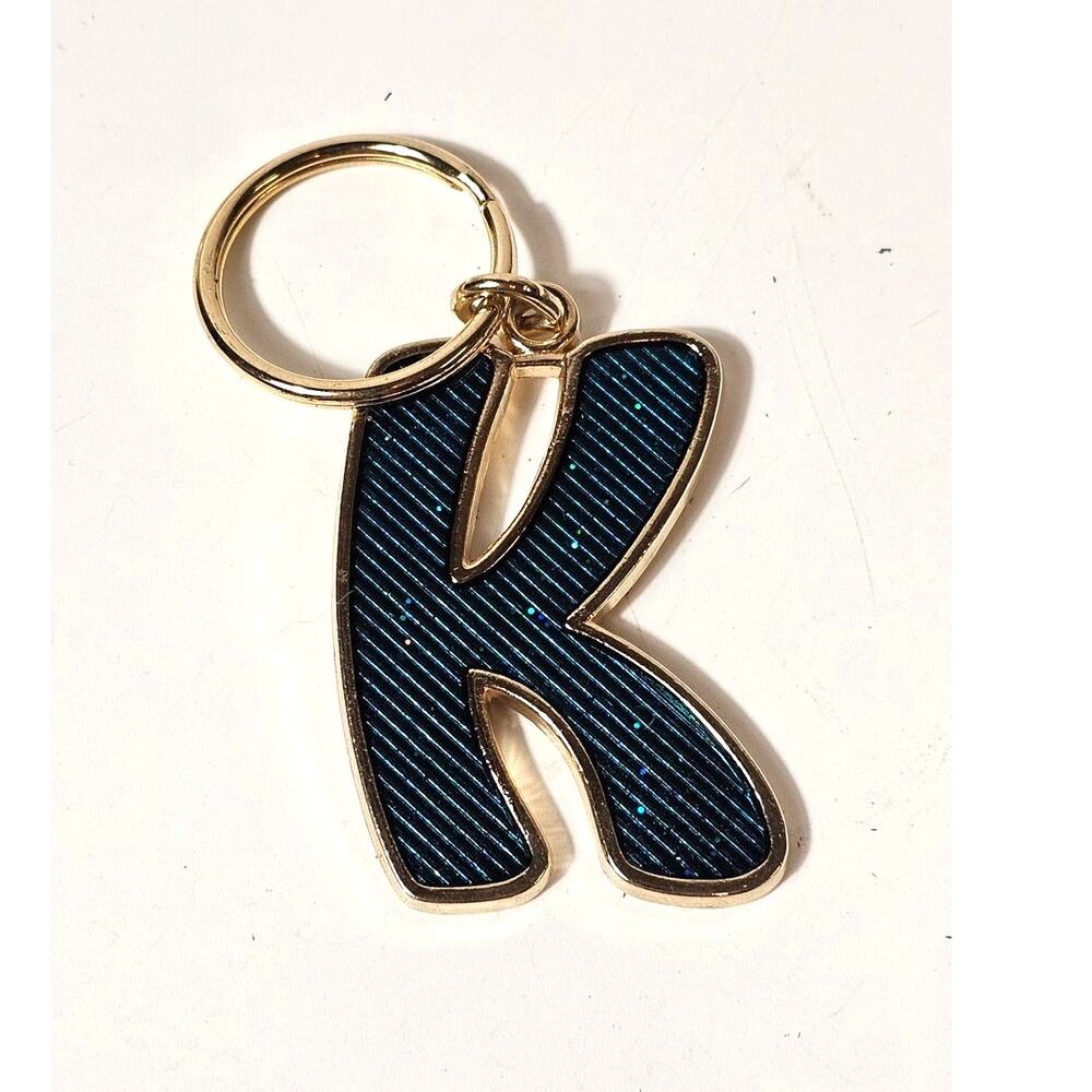 Vintage Y2K Sparkly Teal Letter K Initial Keychain Gold Tone